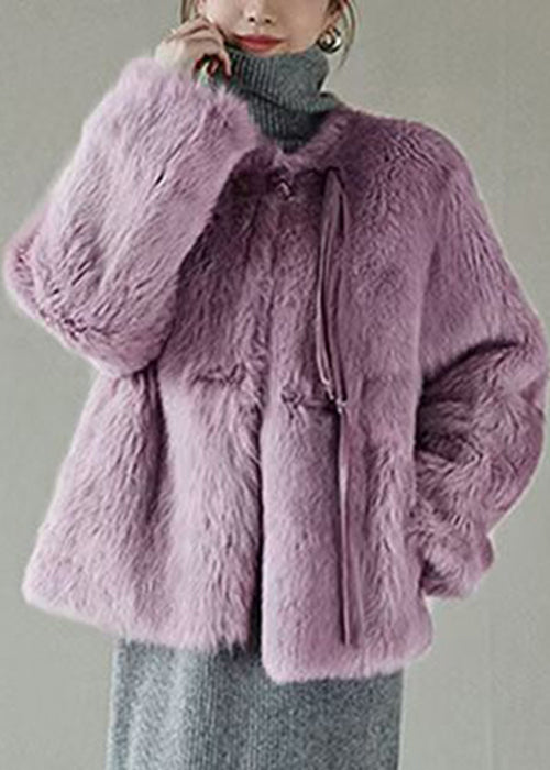 Women Purple Button Solid Mink Hair Coat Winter