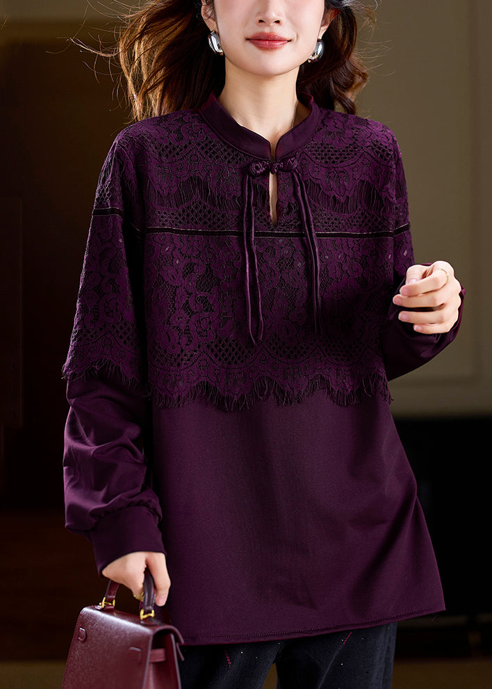 Women Purple Chinese Button Patchwork Lace T Shirts Spring