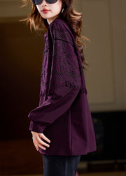 Women Purple Chinese Button Patchwork Lace T Shirts Spring