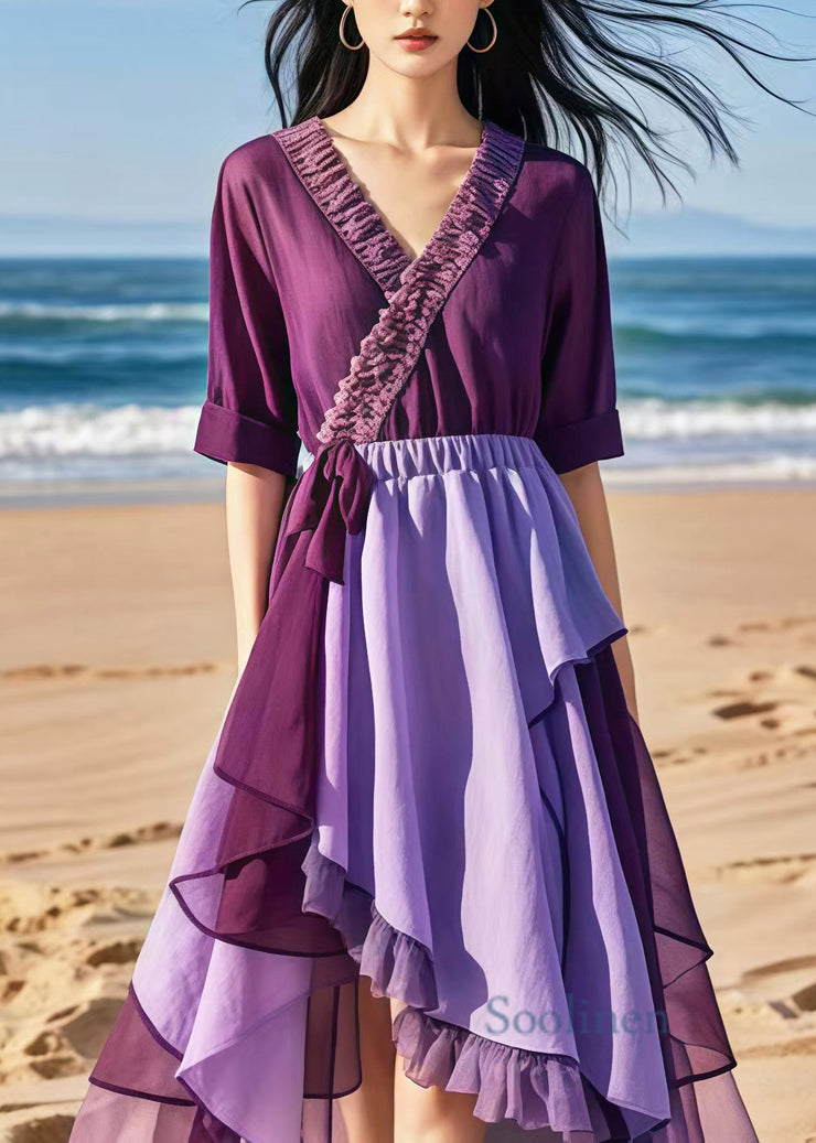 Women Purple Cinched Patchwork Chiffon Beach Dress Summer