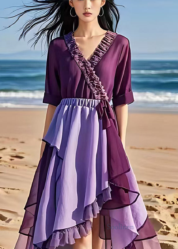 Women Purple Cinched Patchwork Chiffon Beach Dress Summer