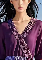 Women Purple Cinched Patchwork Chiffon Beach Dress Summer