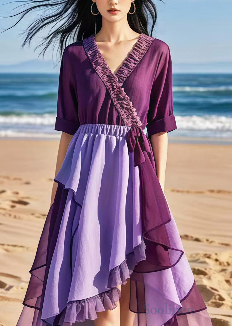 Women Purple Cinched Patchwork Chiffon Beach Dress Summer