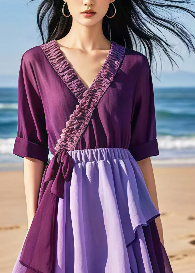 Women Purple Cinched Patchwork Chiffon Beach Dress Summer