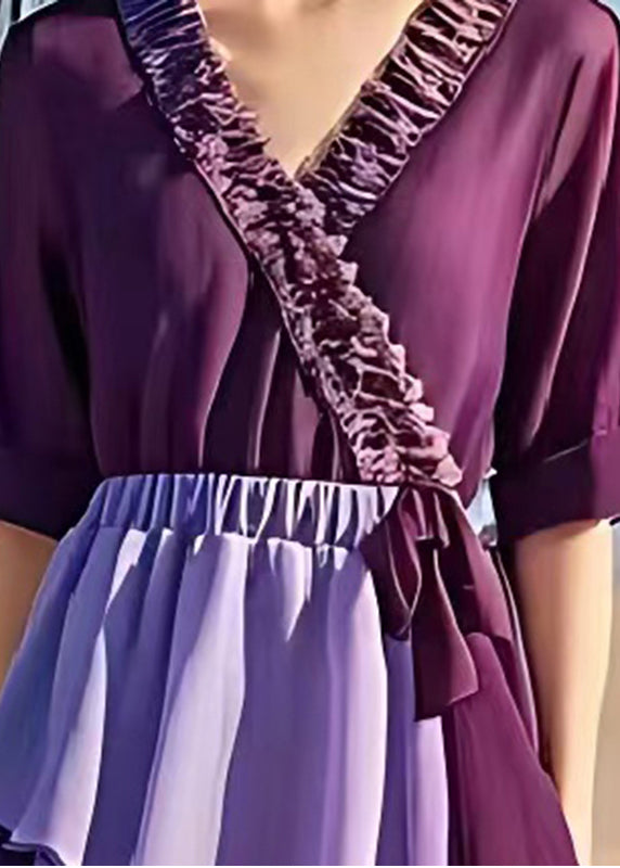 Women Purple Cinched Patchwork Chiffon Beach Dress Summer