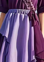 Women Purple Cinched Patchwork Chiffon Beach Dress Summer