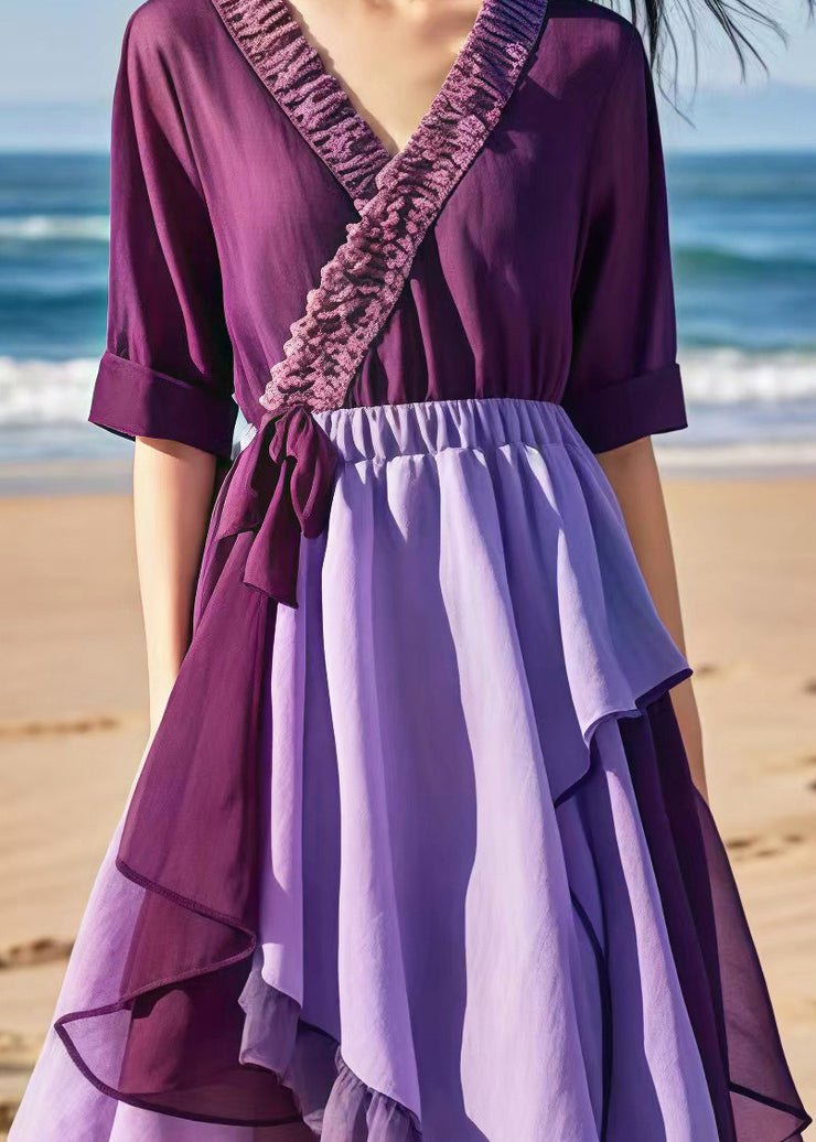 Women Purple Cinched Patchwork Chiffon Beach Dress Summer