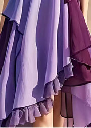 Women Purple Cinched Patchwork Chiffon Beach Dress Summer