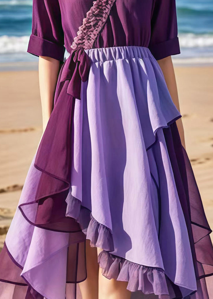 Women Purple Cinched Patchwork Chiffon Beach Dress Summer