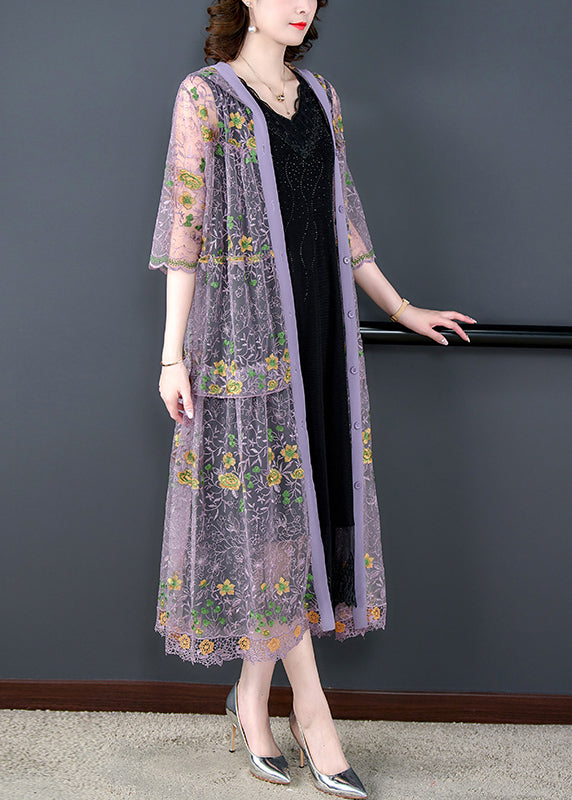 Women Purple Embroidered Tulle UPF 50+ Hooded Cardigan Spring