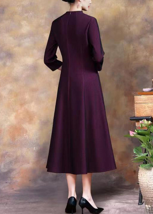 Women Purple Embroidered Sequins Cotton Long Dress Fall