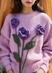 Women Purple Floral Hollow Out Knit Sweaters Spring