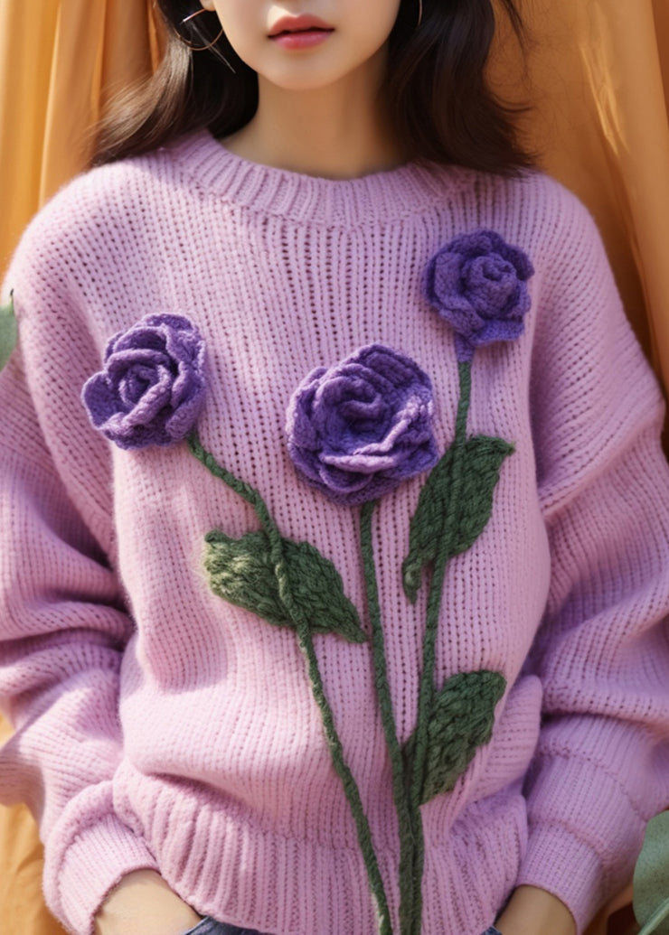 Women Purple Floral Hollow Out Knit Sweaters Winter