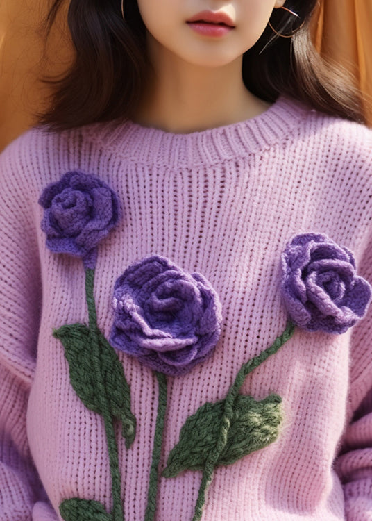 Women Purple Floral Hollow Out Knit Sweaters Spring