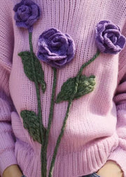 Women Purple Floral Hollow Out Knit Sweaters Spring