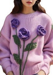 Women Purple Floral Hollow Out Knit Sweaters Spring