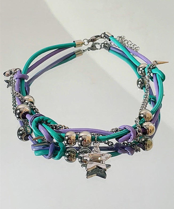 Women Purple Green Patchwork Alloy Colorful Stars Tassel Necklaces