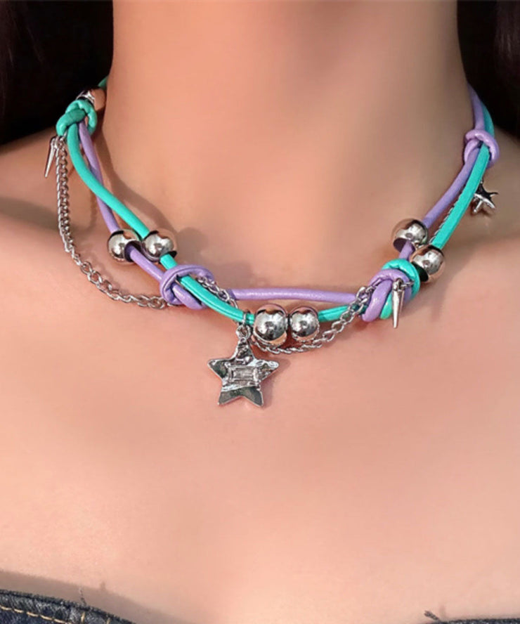 Women Purple Green Patchwork Alloy Colorful Stars Tassel Necklaces