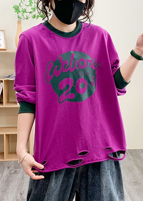 Women Purple Hole Print Cotton Tops Long Sleeve