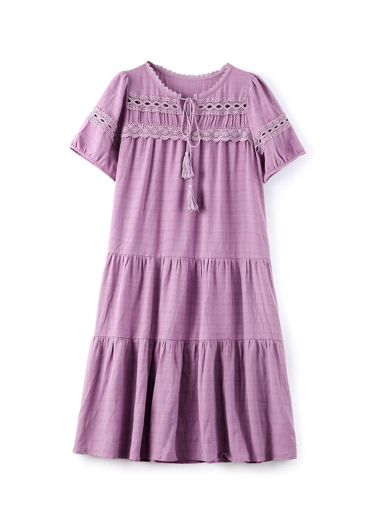 Women Purple Hollow Out Embroidered Cotton Dress Summer