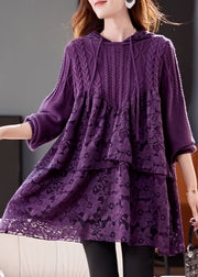 Women Purple Hooded Lace Patchwork Knit Dresses Winter