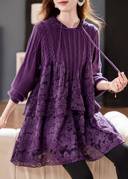 Women Purple Hooded Lace Patchwork Knit Dresses Winter