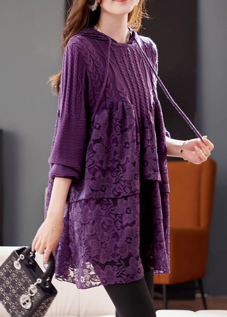 Women Purple Hooded Lace Patchwork Knit Dresses Winter