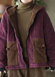 Women Purple Hooded Pockets Corduroy Fleece Wool Lined Jacket Winter