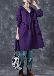 Women Purple Hooded Pockets Cotton Tench Coats Fall