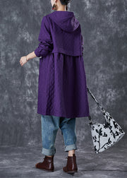 Women Purple Hooded Pockets Cotton Tench Coats Fall