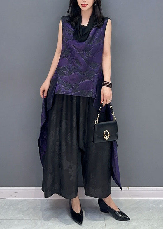 Women Purple Jacquard Asymmetrical Patchwork Cotton Tops Sleeveless