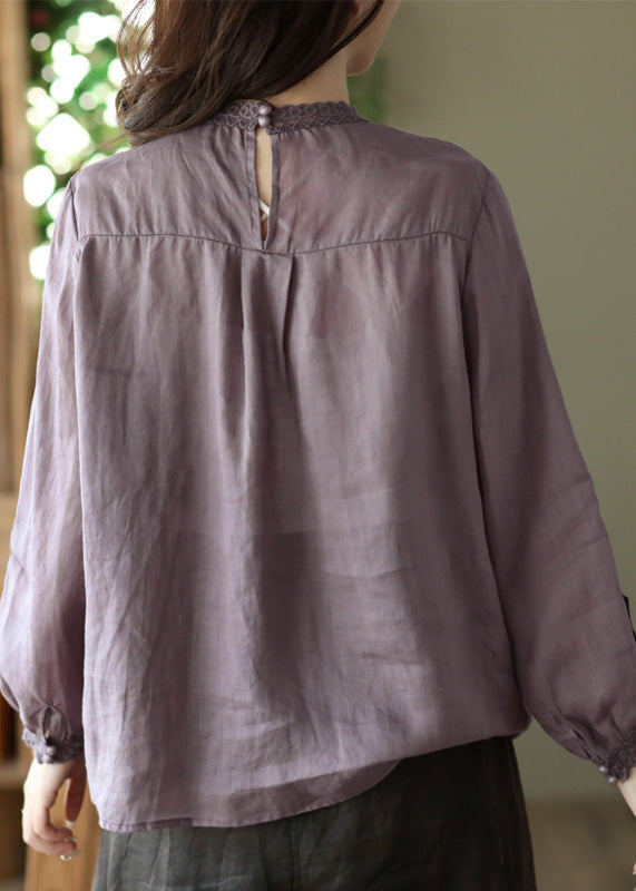 Women Purple Lace Patchwork Solid Ramie Shirt Long Sleeve