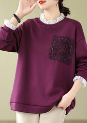 Women Purple Lace Patchwork Warm Fleece Sweatshirts Spring