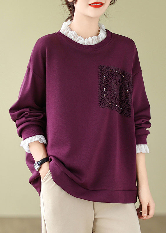 Women Purple Lace Patchwork Warm Fleece Sweatshirts Spring