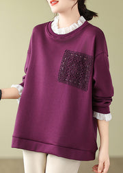 Women Purple Lace Patchwork Warm Fleece Sweatshirts Spring