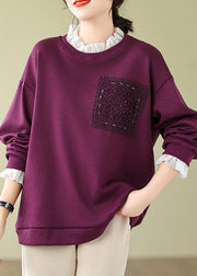 Women Purple Lace Patchwork Warm Fleece Sweatshirts Spring