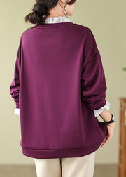 Women Purple Lace Patchwork Warm Fleece Sweatshirts Spring