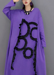 Women Purple O-Neck Asymmetrical Ruffled Cotton A Line Dress Spring