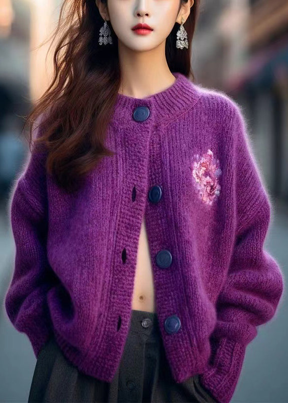 Women Purple O Neck Button Cozy Knit Cardigan Spring