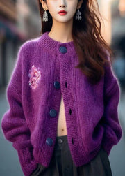 Women Purple O Neck Button Cozy Knit Cardigan Winter