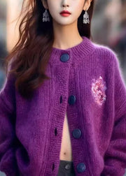 Women Purple O Neck Button Cozy Knit Cardigan Spring