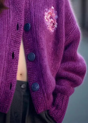 Women Purple O Neck Button Cozy Knit Cardigan Spring