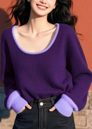 Women Purple O Neck Cozy Patchwork Knit Sweater Spring