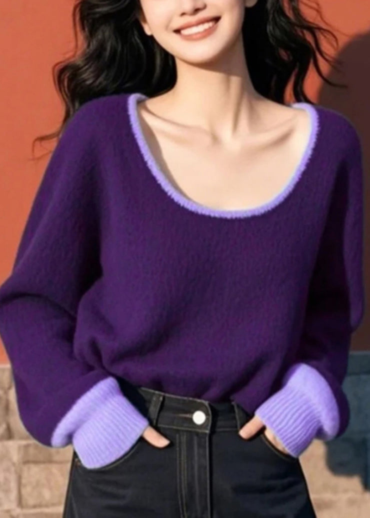 Women Purple O Neck Cozy Patchwork Knit Sweater Spring