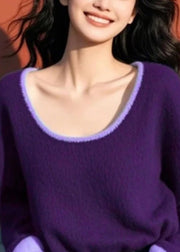 Women Purple O Neck Cozy Patchwork Knit Sweater Spring