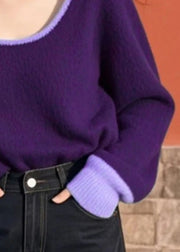 Women Purple O Neck Cozy Patchwork Knit Sweater Spring