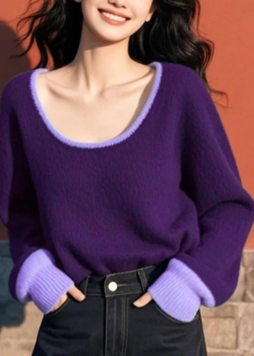 Women Purple O Neck Cozy Patchwork Knit Sweater Spring