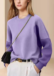 Women Purple O Neck Patchwork Cotton Sweatshirt Spring