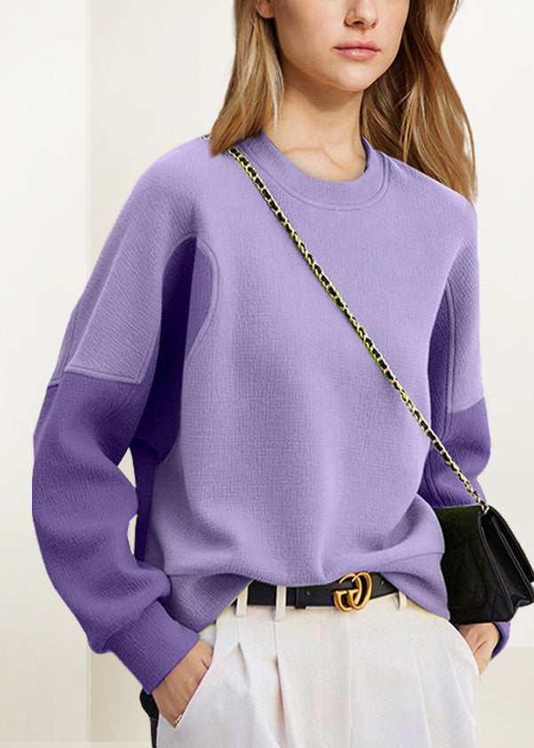 Women Purple O Neck Patchwork Cotton Sweatshirt Spring