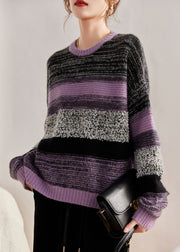 Women Purple O Neck Patchwork Cozy Cotton Knit Sweaters Fall